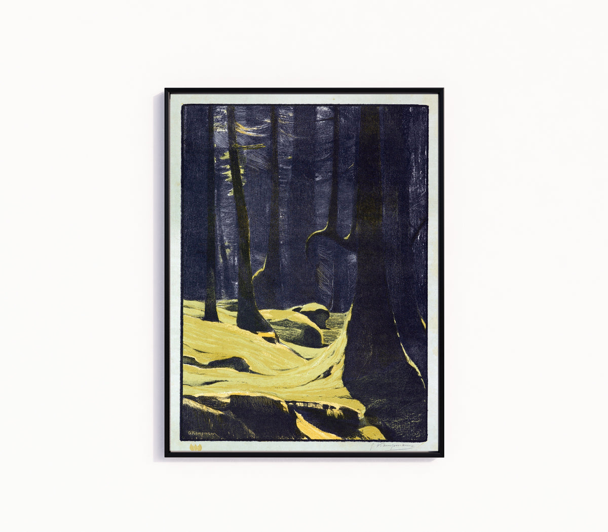 Framed art print of Mooswald by Gustav Kampmann, in a slim black frame on a plain white wall