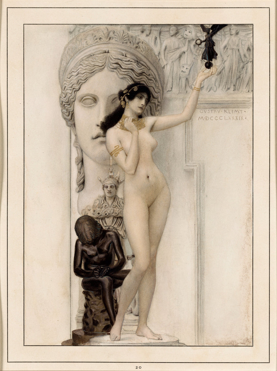 Gustav Klimt — Allegory of Sculpture | Fine Art Print shown to scale on a wall above a sofa