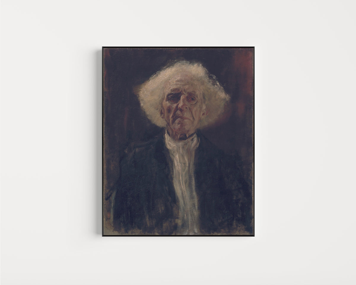 Framed art print of Blind Man by Gustav Klimt, in a slim black frame on a plain white wall