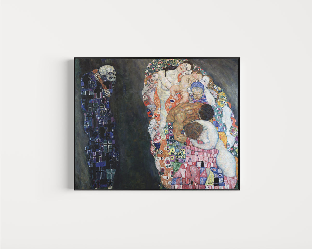 Framed art print of Death and Life by Gustav Klimt, in a slim black frame on a plain white wall