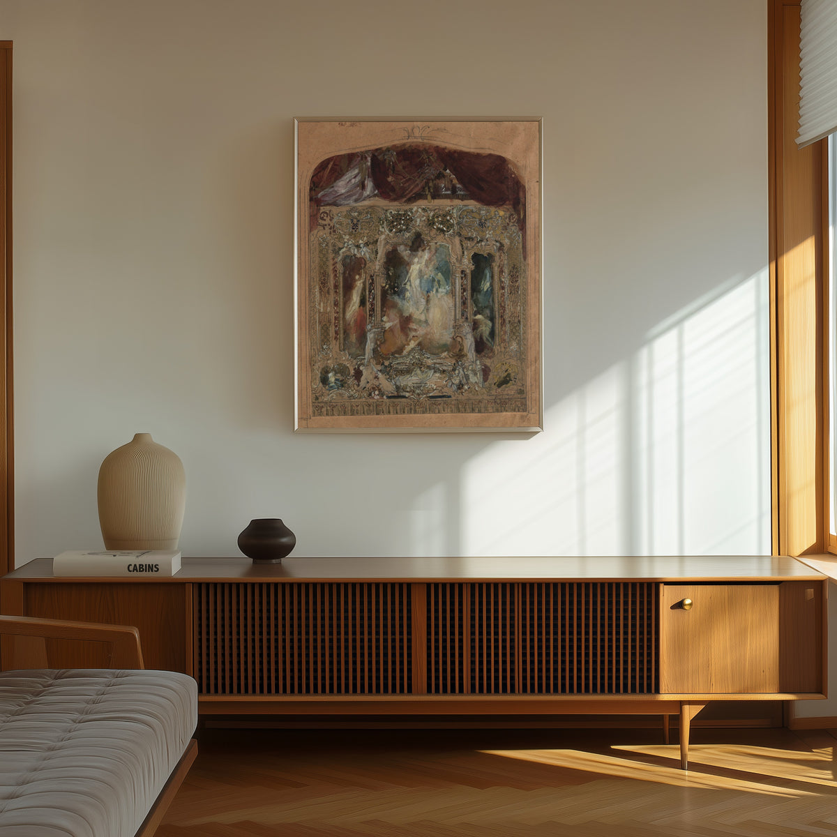 Framed art print of Design for the Theatre Curtain in Reichenberg by Gustav Klimt, in a thin light frame on a sunlit wall above a wooden sideboard