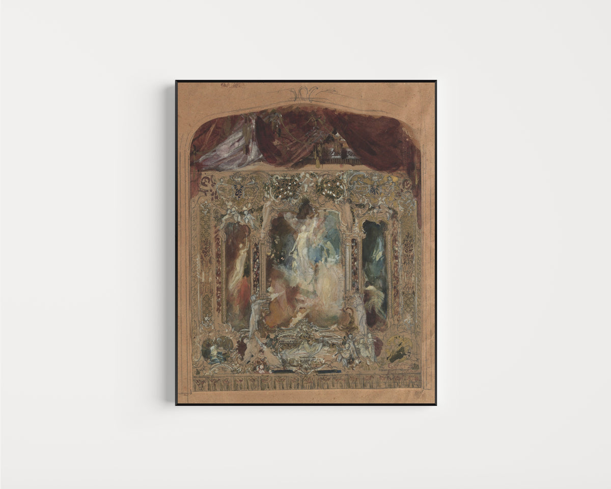 Framed art print of Design for the Theatre Curtain in Reichenberg by Gustav Klimt, in a slim black frame on a plain white wall