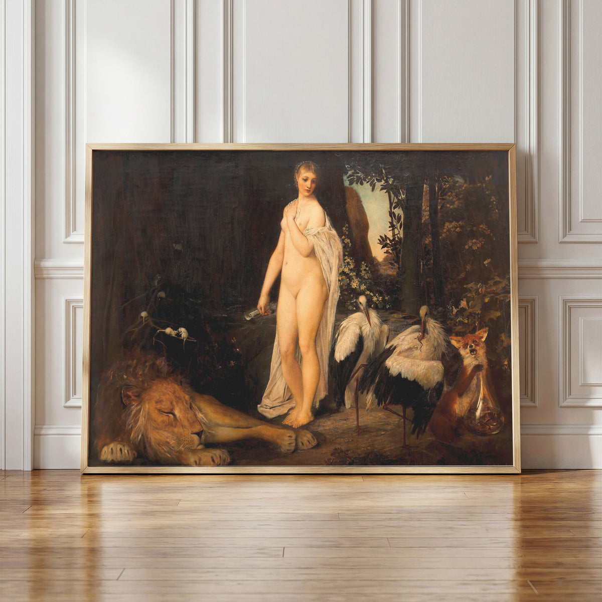 Framed art print of Fable (Fabel) by Gustav Klimt, in a light wood frame leaning against a panelled white wall