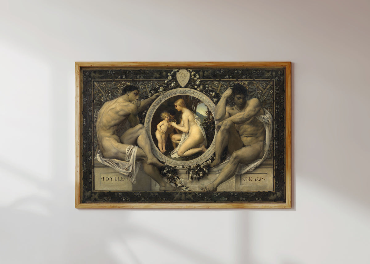 Framed art print of Idyll (Idylle) by Gustav Klimt, in a light wood frame on a sunlit white wall