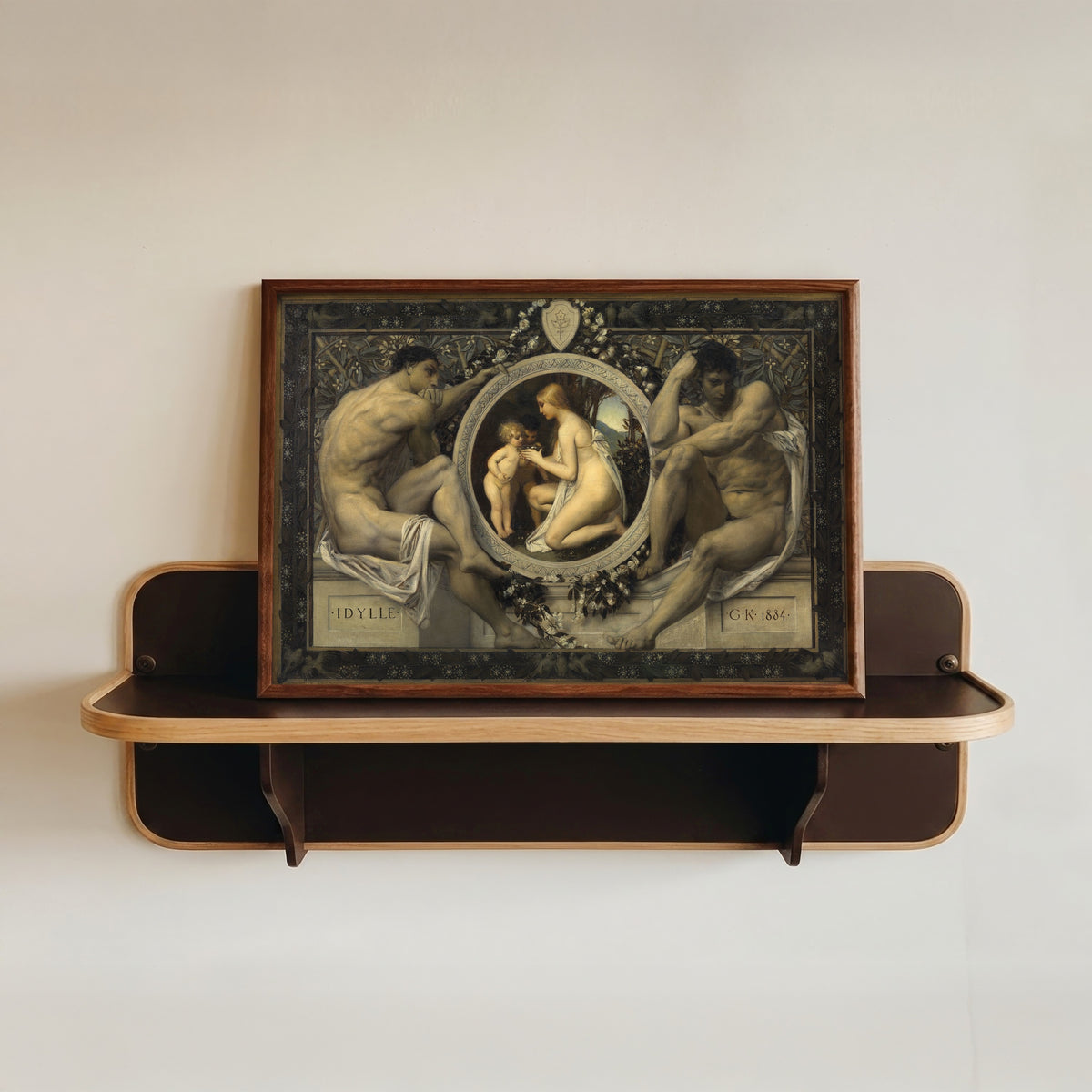 Framed art print of Idyll (Idylle) by Gustav Klimt, in a dark wood frame resting on a wall shelf
