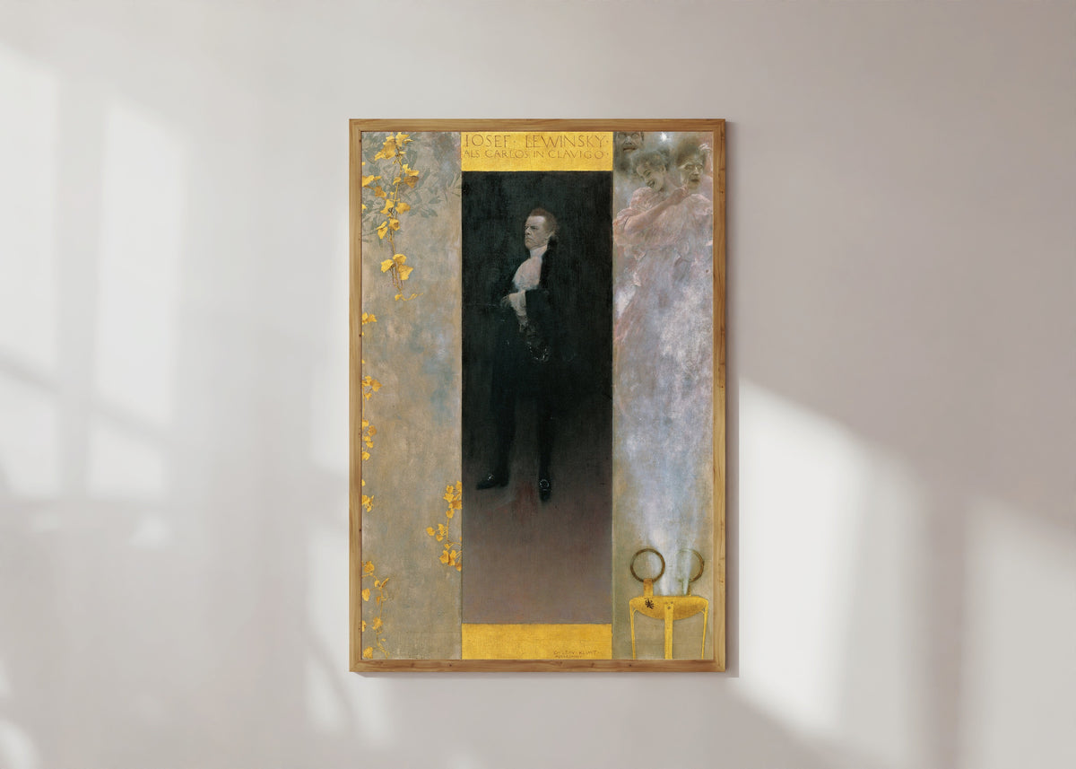 Framed art print of Josef Lewinsky as Carlos in Clavigo by Gustav Klimt, in a light wood frame on a sunlit white wall