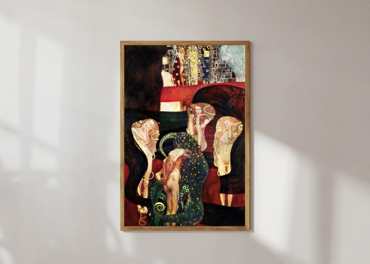 Framed art print of Jurisprudence by Gustav Klimt, in a light wood frame on a sunlit white wall