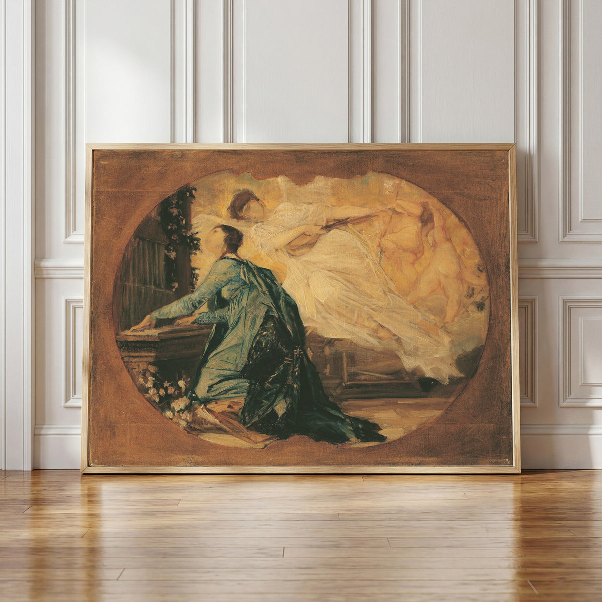 Framed art print of Organ Player (Allegory of Church Music) by Gustav Klimt, in a light wood frame leaning against a panelled white wall