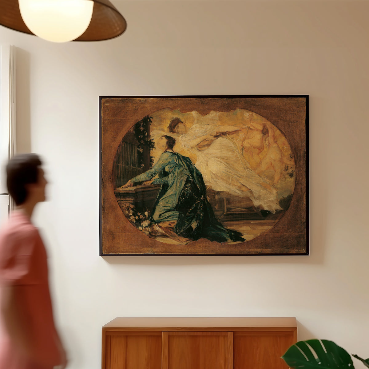 Framed art print of Organ Player (Allegory of Church Music) by Gustav Klimt, in a slim black frame on a warm wall in a sunlit room