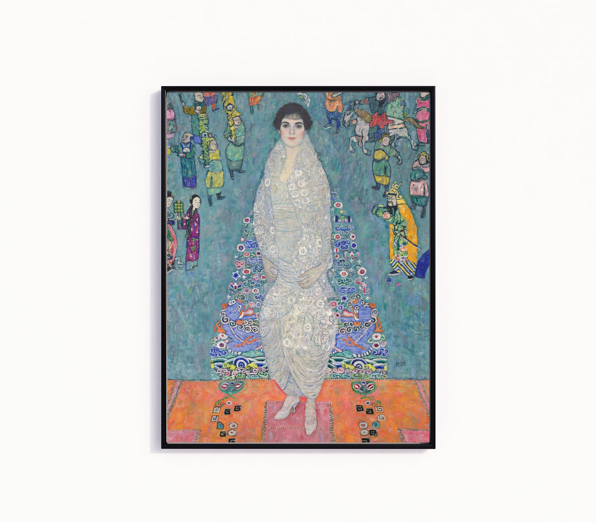 Framed art print of Portrait of Elisabeth Lederer by Gustav Klimt, in a slim black frame on a plain white wall