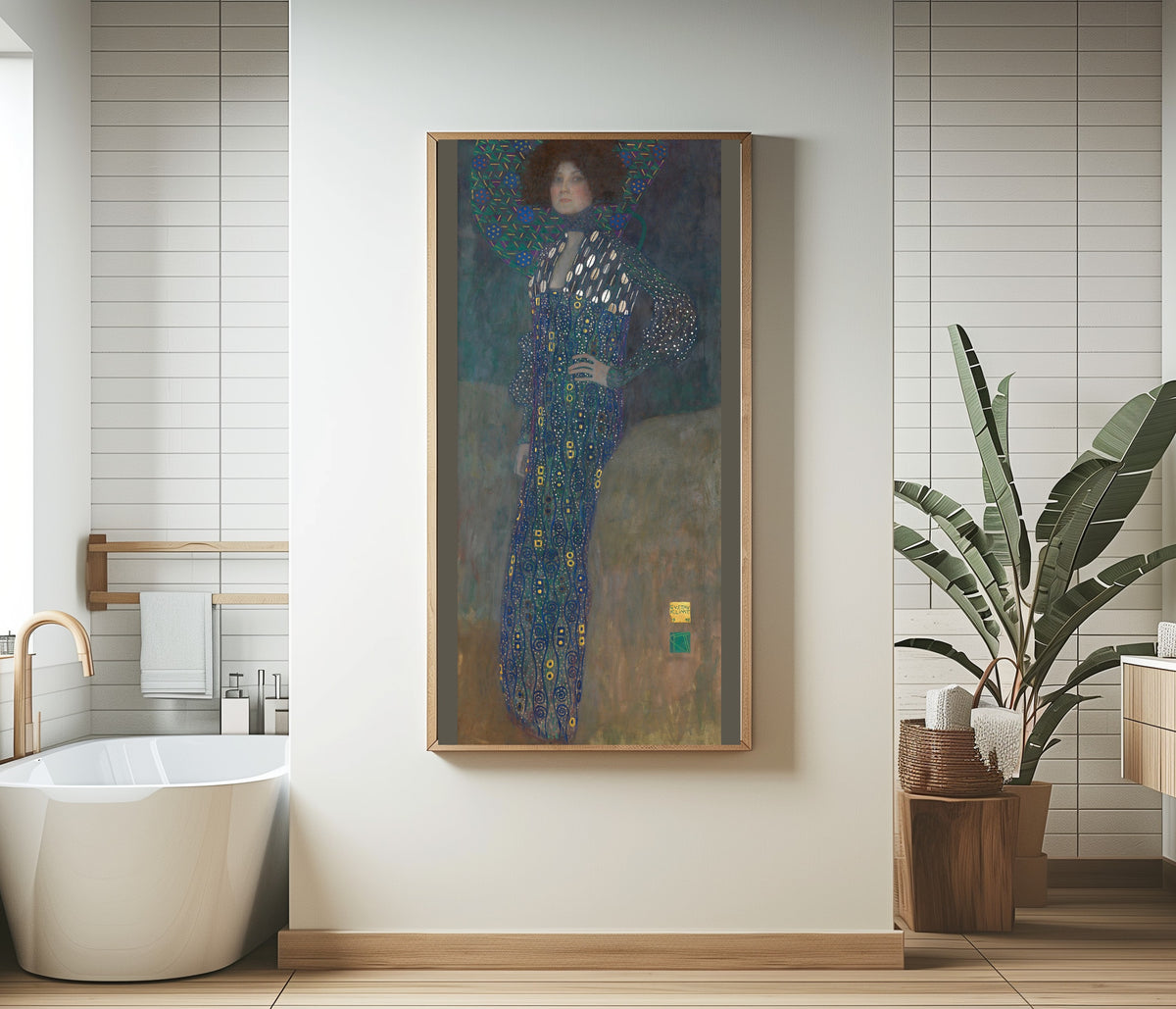 Framed art print of Portrait of Emilie Flöge by Gustav Klimt, in a bathroom beside a freestanding tub