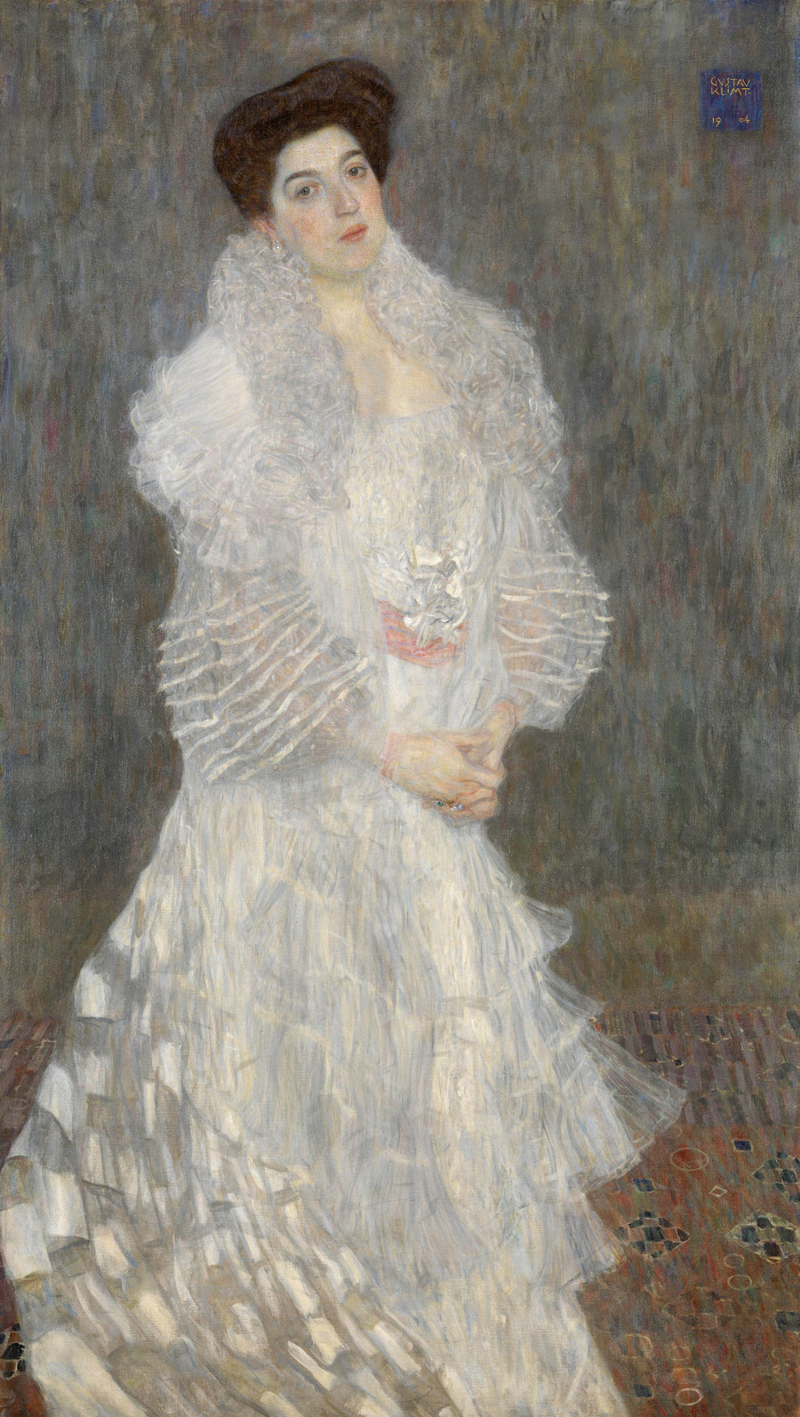 Gustav Klimt — Portrait of Hermine Gallia | Fine Art Print shown to scale on a wall above a sofa