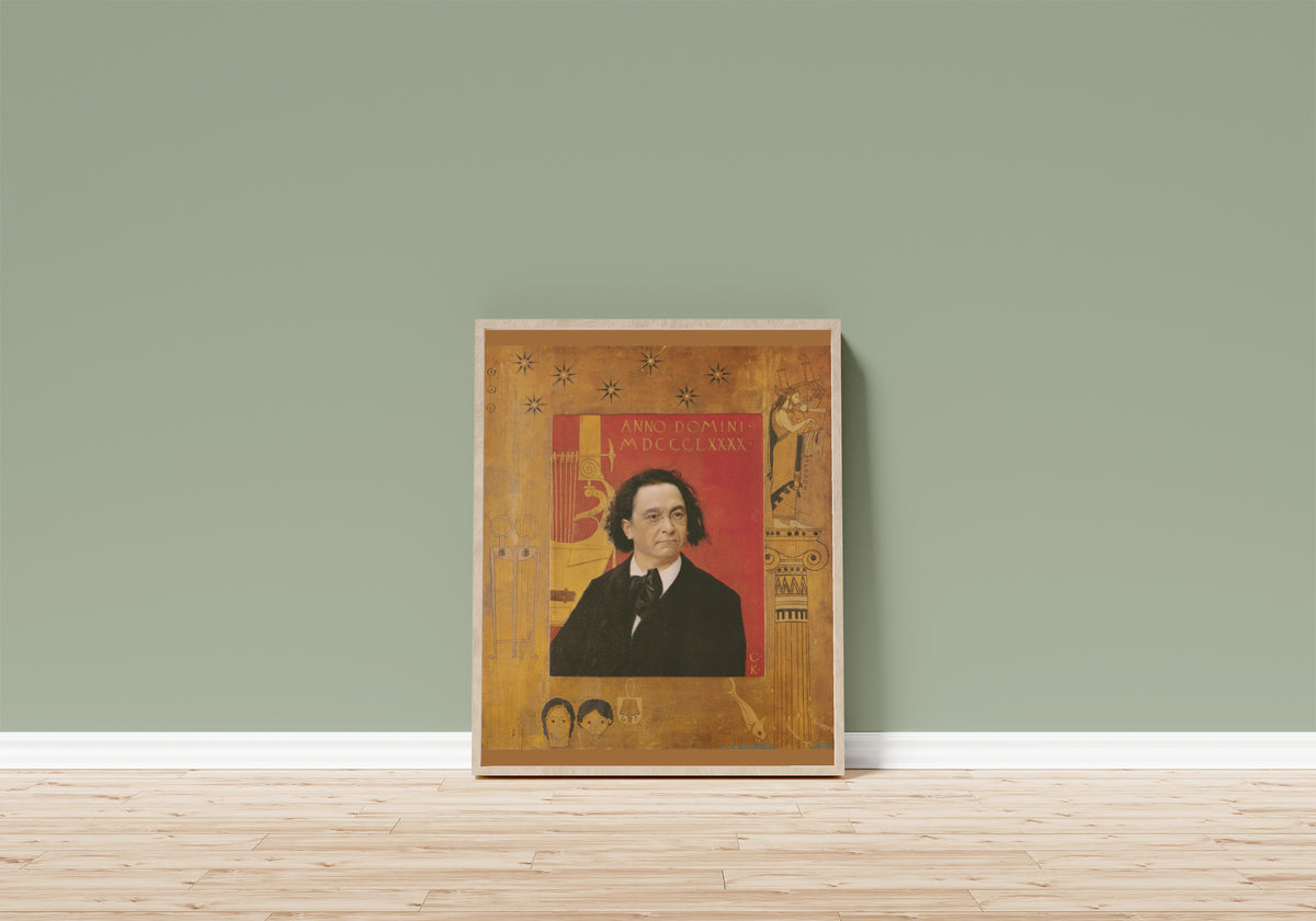 Framed art print of Portrait of Josef Pembaur by Gustav Klimt, in a light wood frame leaning on a sage green wall above a wooden floor