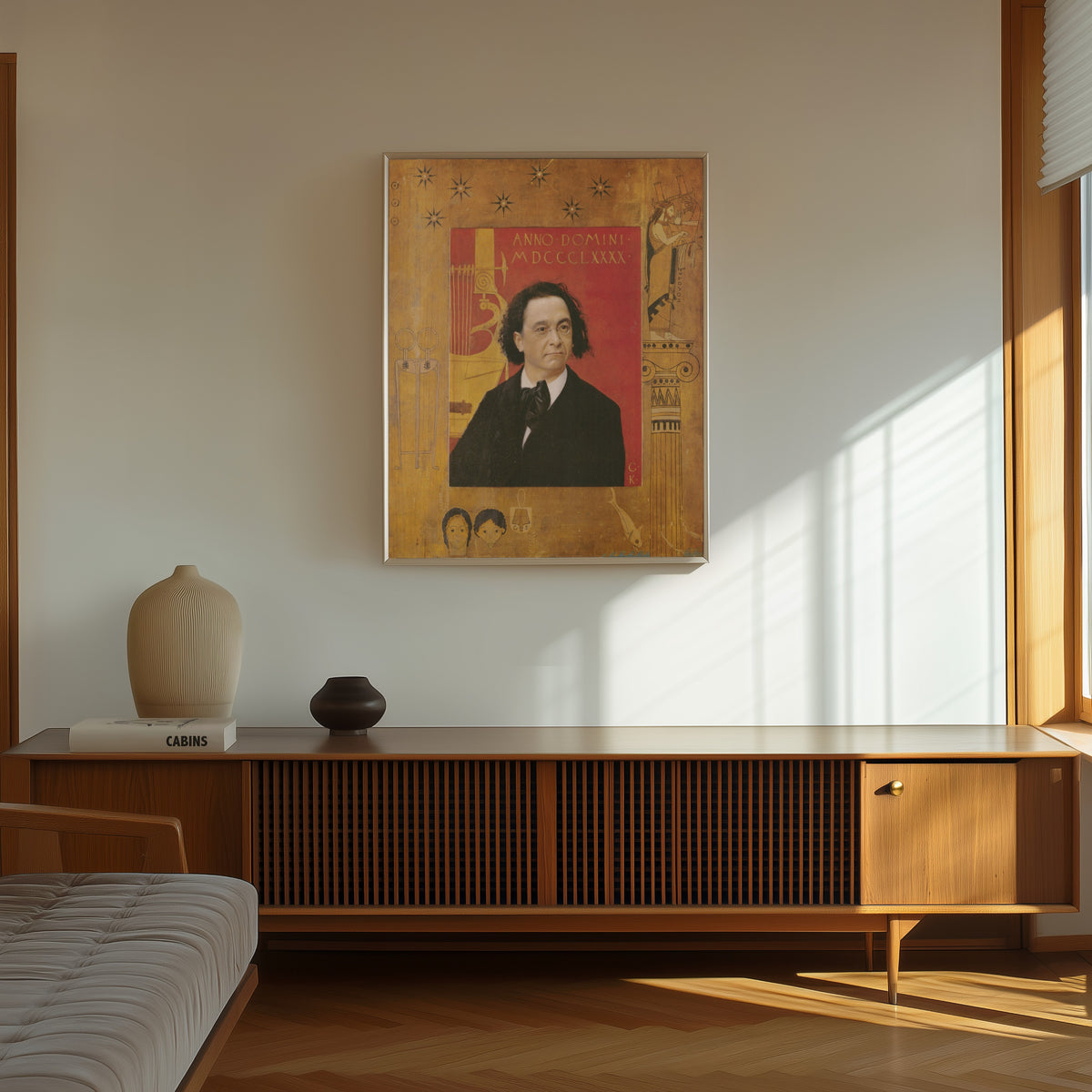Framed art print of Portrait of Josef Pembaur by Gustav Klimt, in a thin light frame on a sunlit wall above a wooden sideboard