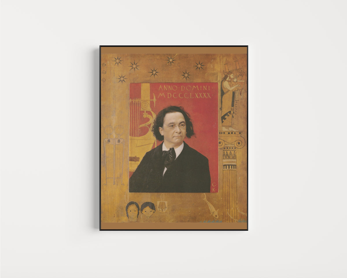 Framed art print of Portrait of Josef Pembaur by Gustav Klimt, in a slim black frame on a plain white wall