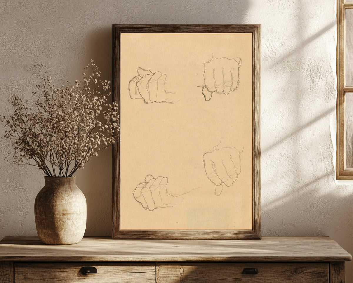 Framed art print of Study of Hands by Gustav Klimt, in a dark wood frame leaning on a rustic console beside dried flowers