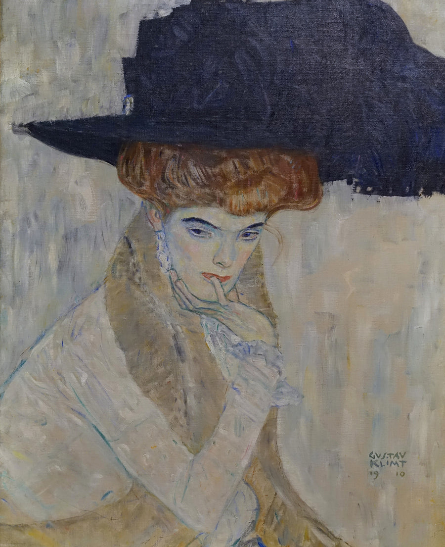 Gustav Klimt — The Black Feathered Hat | Fine Art Print shown to scale on a wall above a sofa