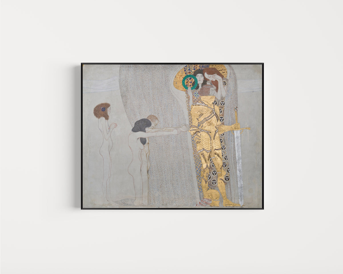 Framed art print of The Suffering of Weak Mankind (Beethoven Frieze) by Gustav Klimt, in a slim black frame on a plain white wall
