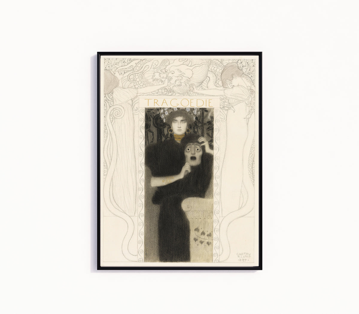 Framed art print of Tragedy (Tragödie) by Gustav Klimt, in a slim black frame on a plain white wall