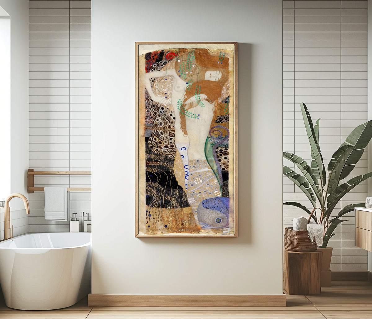 Framed art print of Water Serpents I (Friends) by Gustav Klimt, in a bathroom beside a freestanding tub