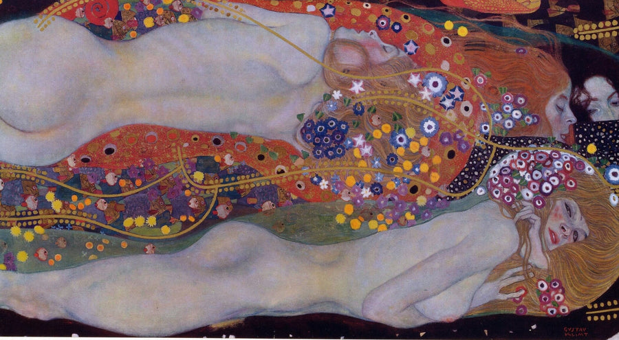 Gustav Klimt — Water Serpents II | Fine Art Print shown to scale on a wall above a sofa