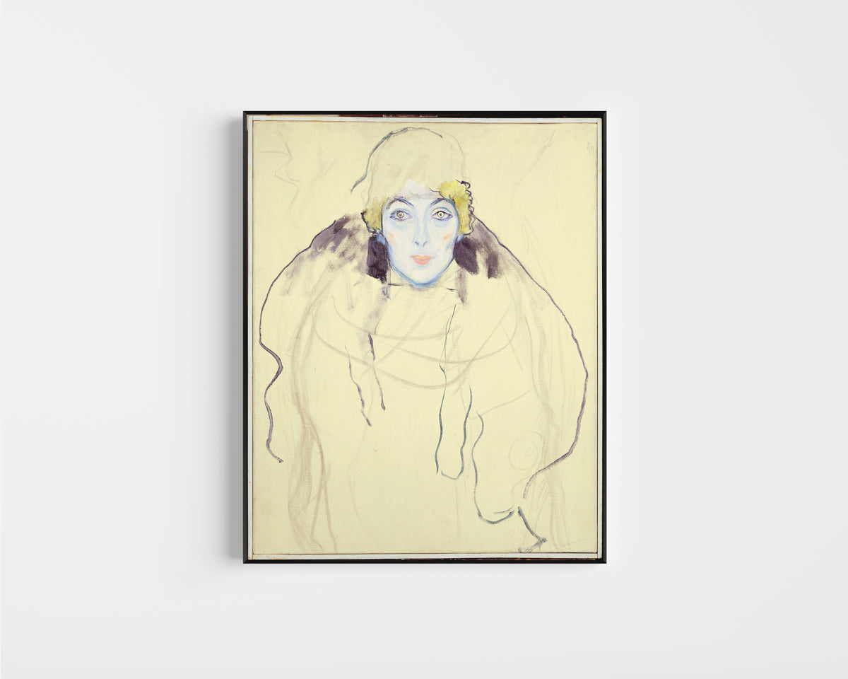 Framed art print of Woman's Head by Gustav Klimt, in a slim black frame on a plain white wall