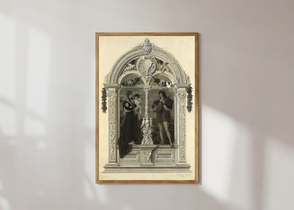 Framed art print of Youth (Die Jugend) by Gustav Klimt, in a light wood frame on a sunlit white wall