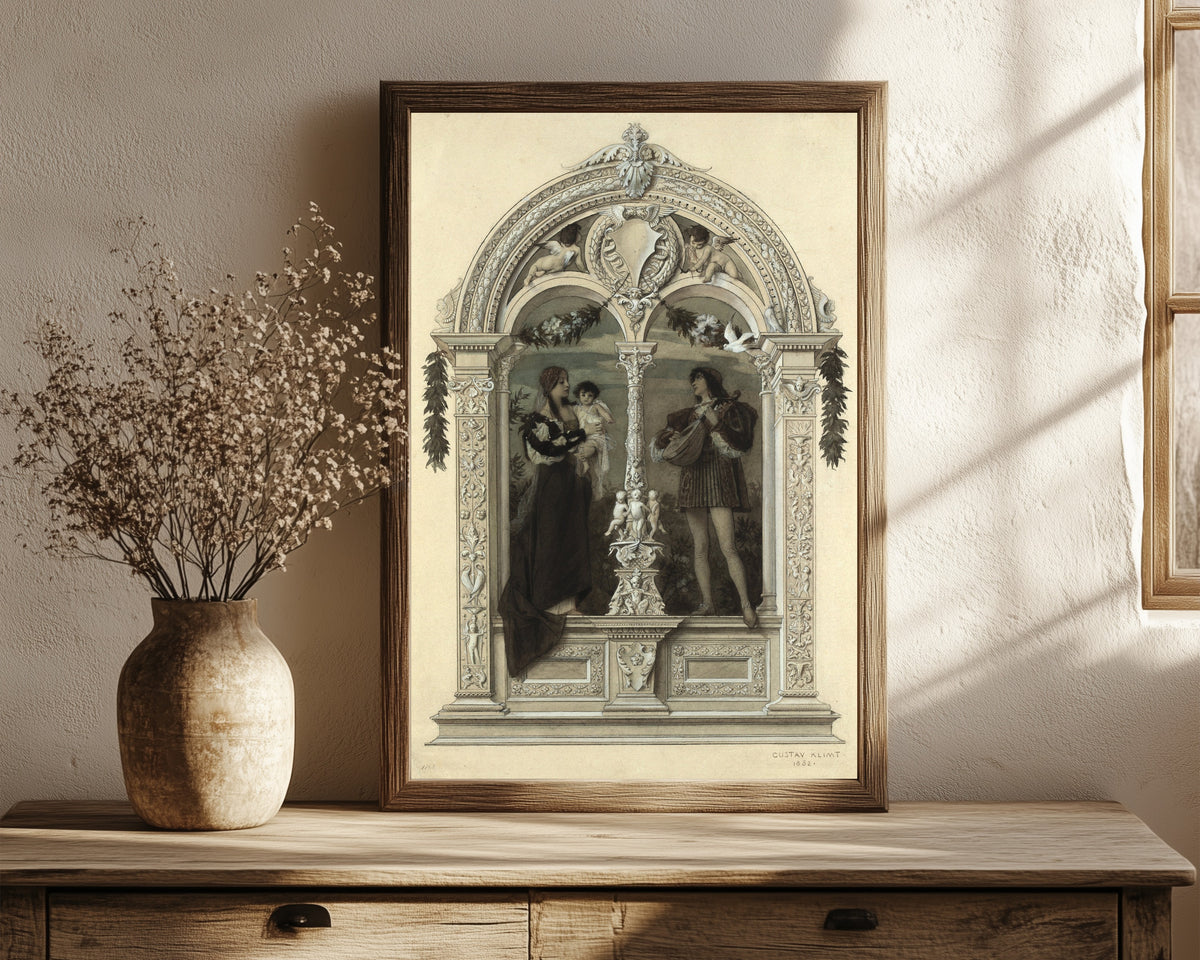 Framed art print of Youth (Die Jugend) by Gustav Klimt, in a dark wood frame leaning on a rustic console beside dried flowers