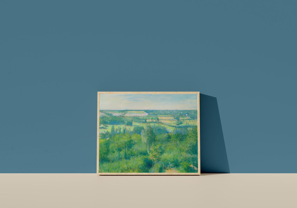 Framed art print of La Vallée de l'Yerres by Gustave Caillebotte, in a light wood frame leaning on a blue wall