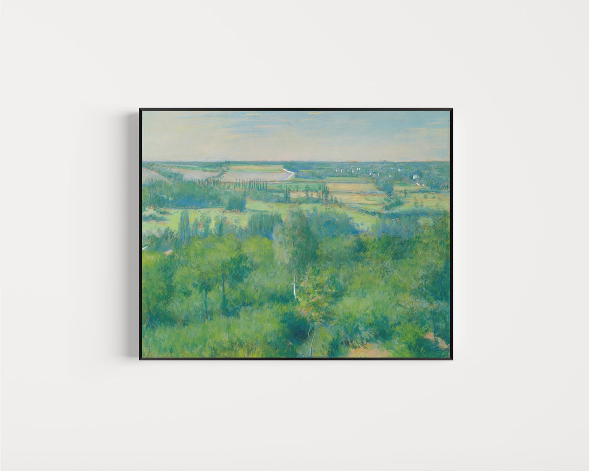 Framed art print of La Vallée de l'Yerres by Gustave Caillebotte, in a slim black frame on a plain white wall