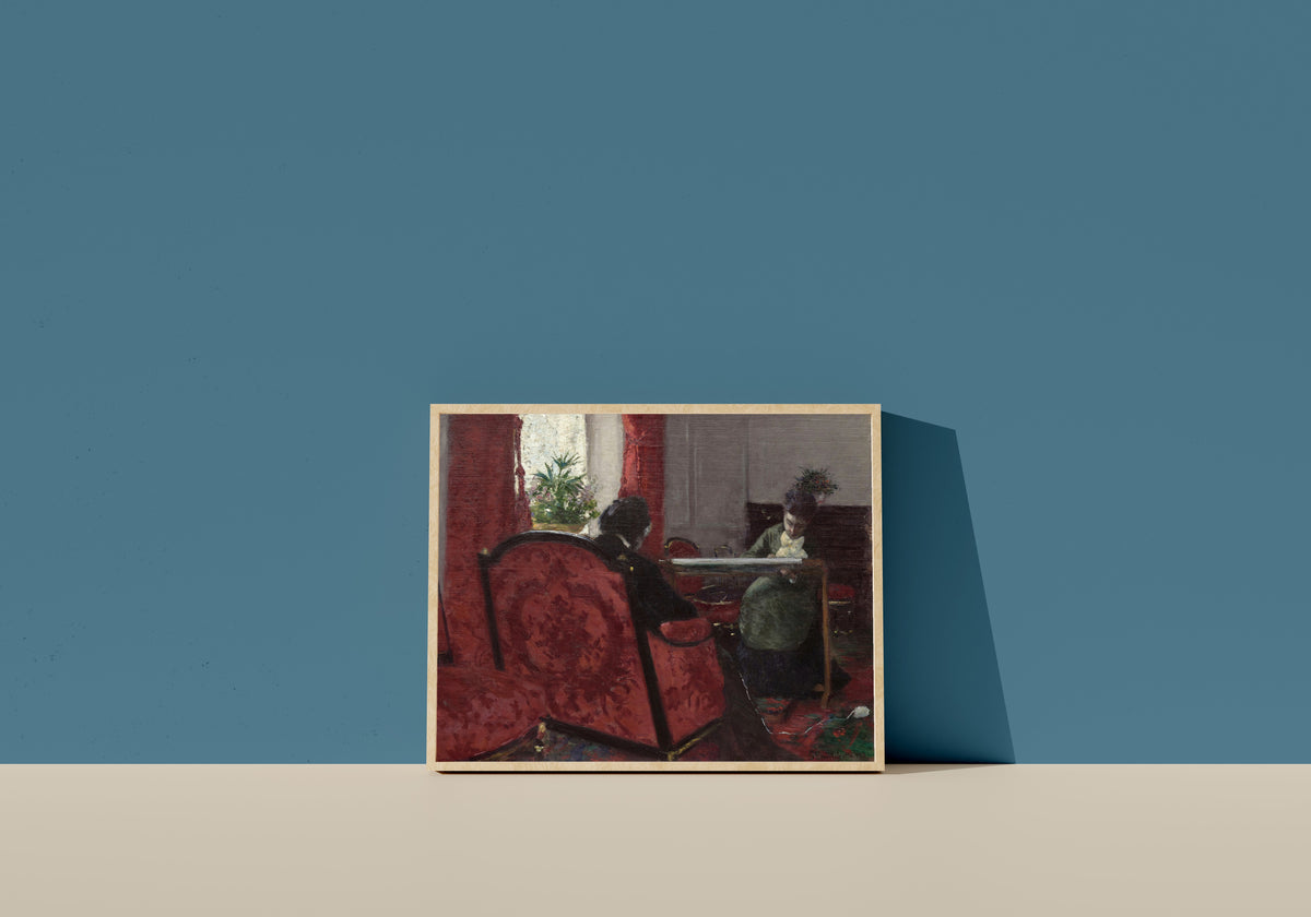 Framed art print of Portraits dans un intérieur (Portraits in an Interior) by Gustave Caillebotte, in a light wood frame leaning on a blue wall