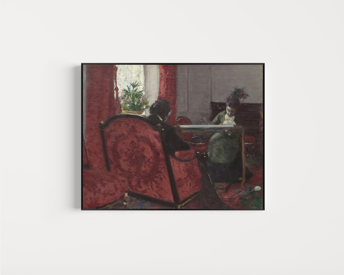 Framed art print of Portraits dans un intérieur (Portraits in an Interior) by Gustave Caillebotte, in a slim black frame on a plain white wall