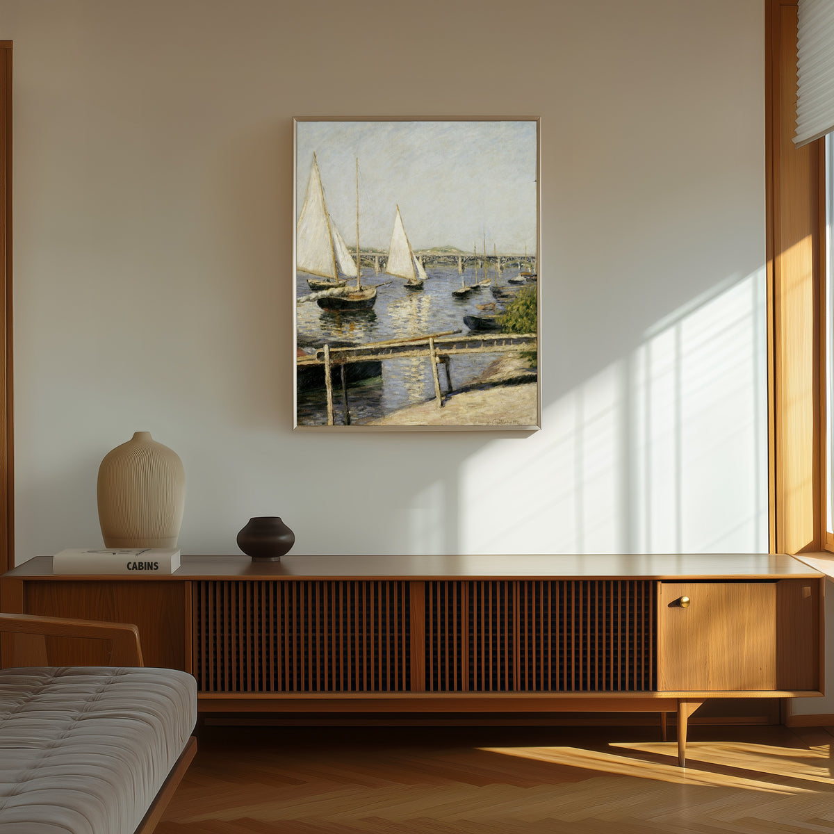 Framed art print of Sailing Boats at Argenteuil by Gustave Caillebotte, in a thin light frame on a sunlit wall above a wooden sideboard