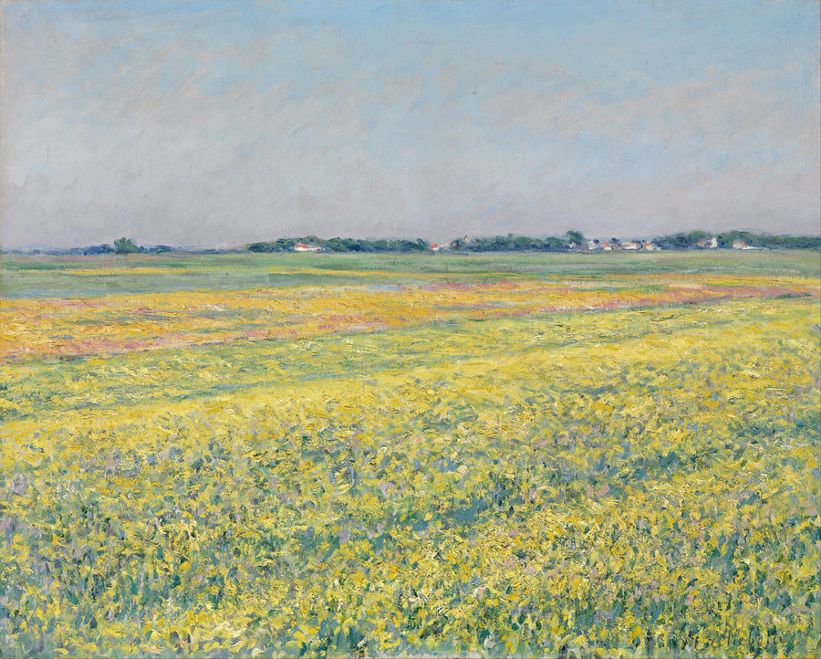 Gustave Caillebotte — The Plain of Gennevilliers, Yellow Fields | Fine Art Print shown to scale on a wall above a sofa