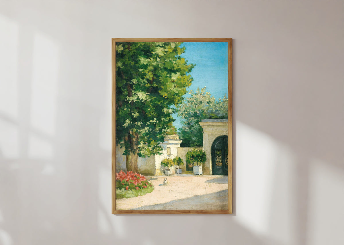 Framed art print of Yerres. De l'exèdre, le porche de la demeure familiale by Gustave Caillebotte, in a light wood frame on a sunlit white wall