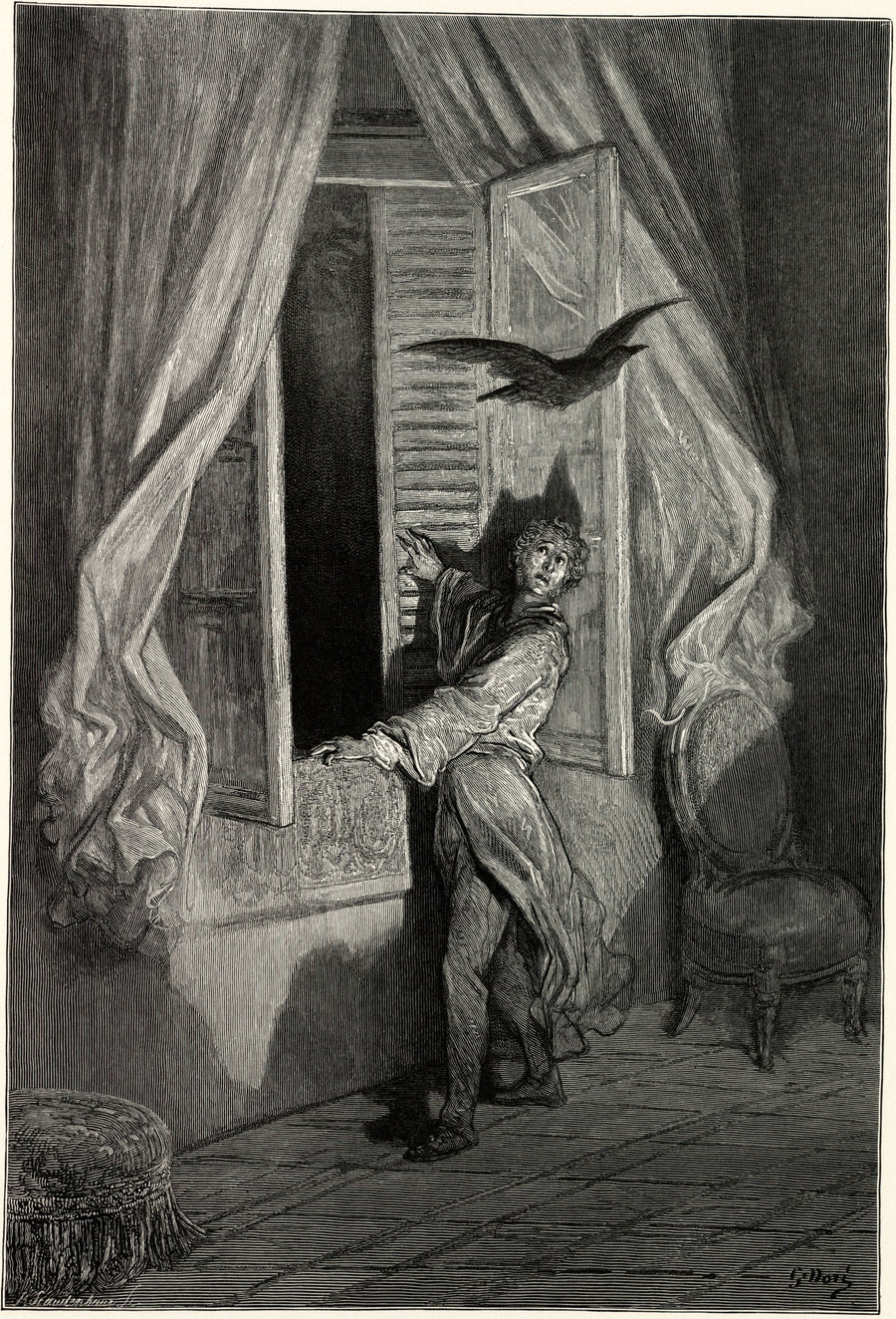 Gustave Doré — A stately Raven of the saintly days of yore | Gothic Illustration Print shown to scale on a wall above a sofa