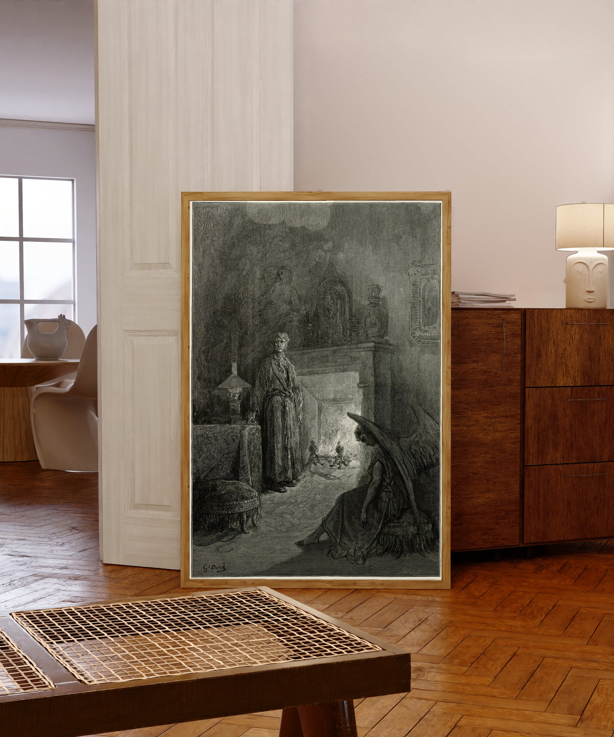 Framed art print of Ah, distinctly I remember it was in the bleak December by Gustave Doré, in a light wood frame leaning in a warm room with a parquet floor