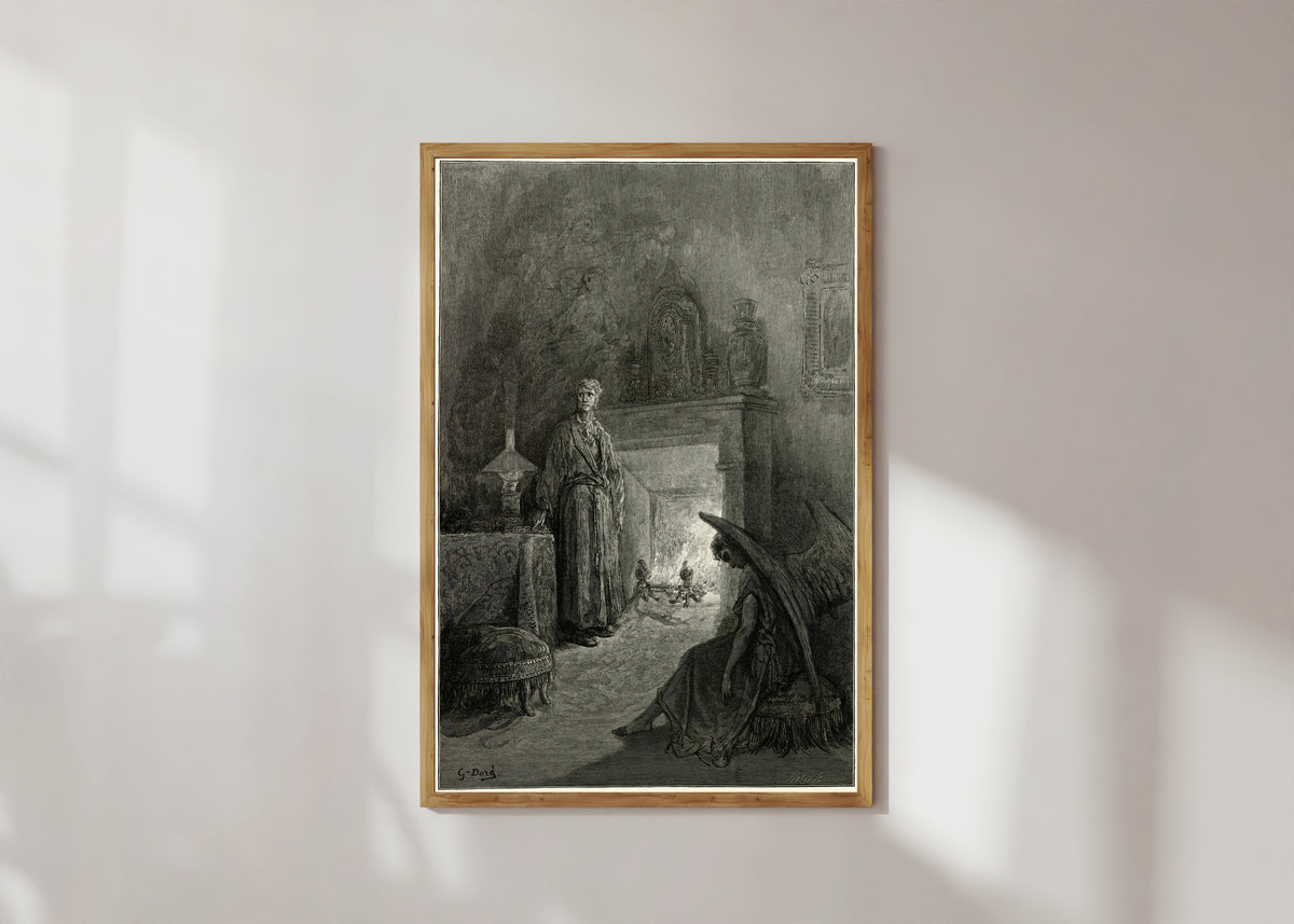 Framed art print of Ah, distinctly I remember it was in the bleak December by Gustave Doré, in a light wood frame on a sunlit white wall