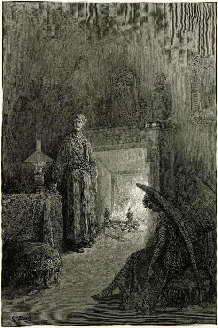 Gustave Doré — Ah, distinctly I remember it was in the bleak December | Gothic Illustration Print shown to scale on a wall above a sofa