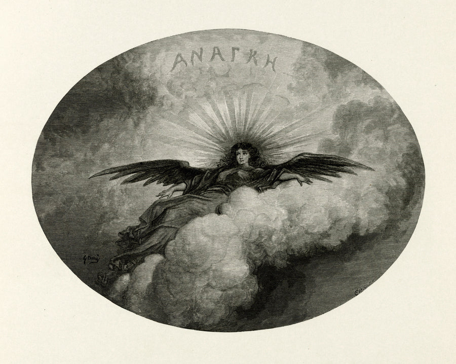 Gustave Doré — Anagke (title vignette) | Gothic Illustration Print shown to scale on a wall above a sofa