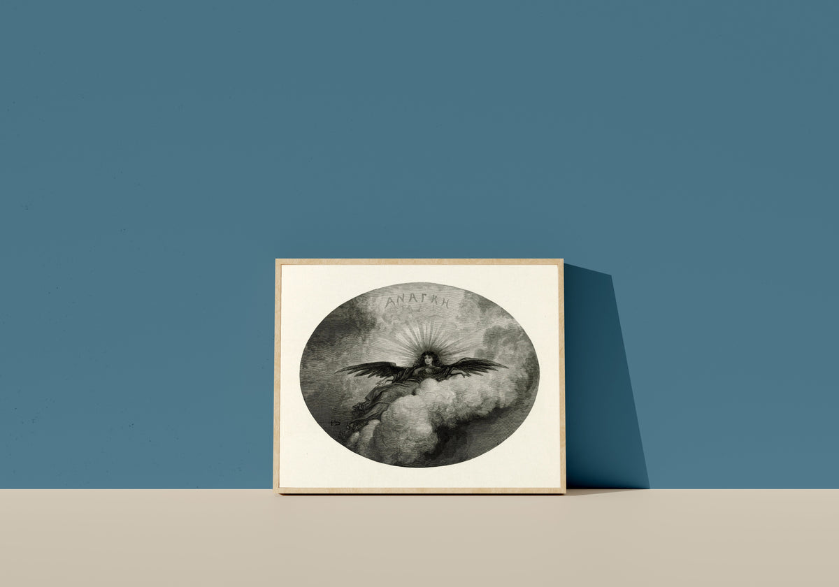 Framed art print of Anagke (title vignette) by Gustave Doré, in a light wood frame leaning on a blue wall