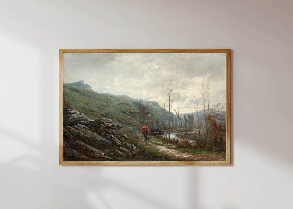 Framed art print of April in the Engadine by Gustave Doré, in a light wood frame on a sunlit white wall