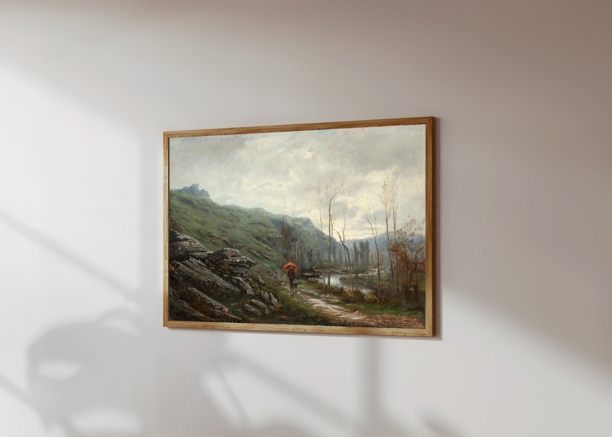 Framed art print of April in the Engadine by Gustave Doré, in a light wood frame on a sunlit white wall, seen at a slight angle