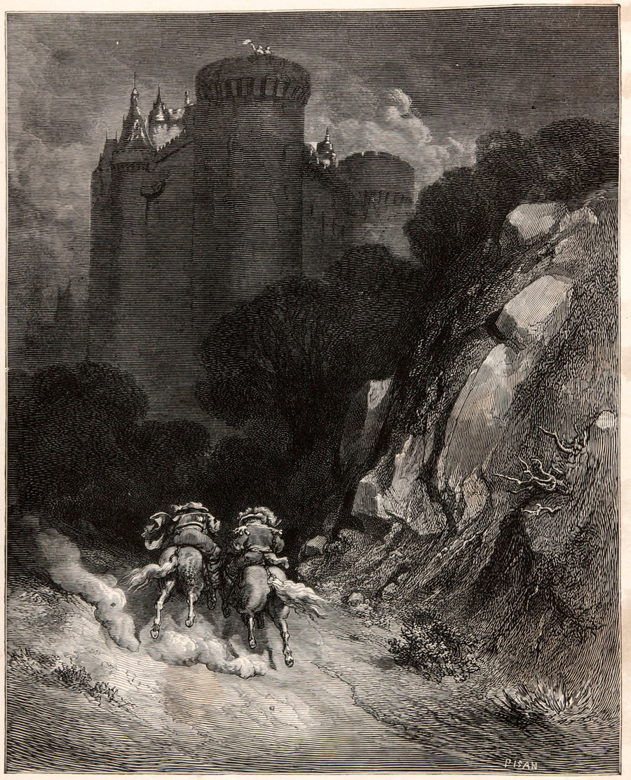 Gustave Doré — Bluebeard: The Brothers Ride to the Castle | Fairy Tale Illustration Print shown to scale on a wall above a sofa