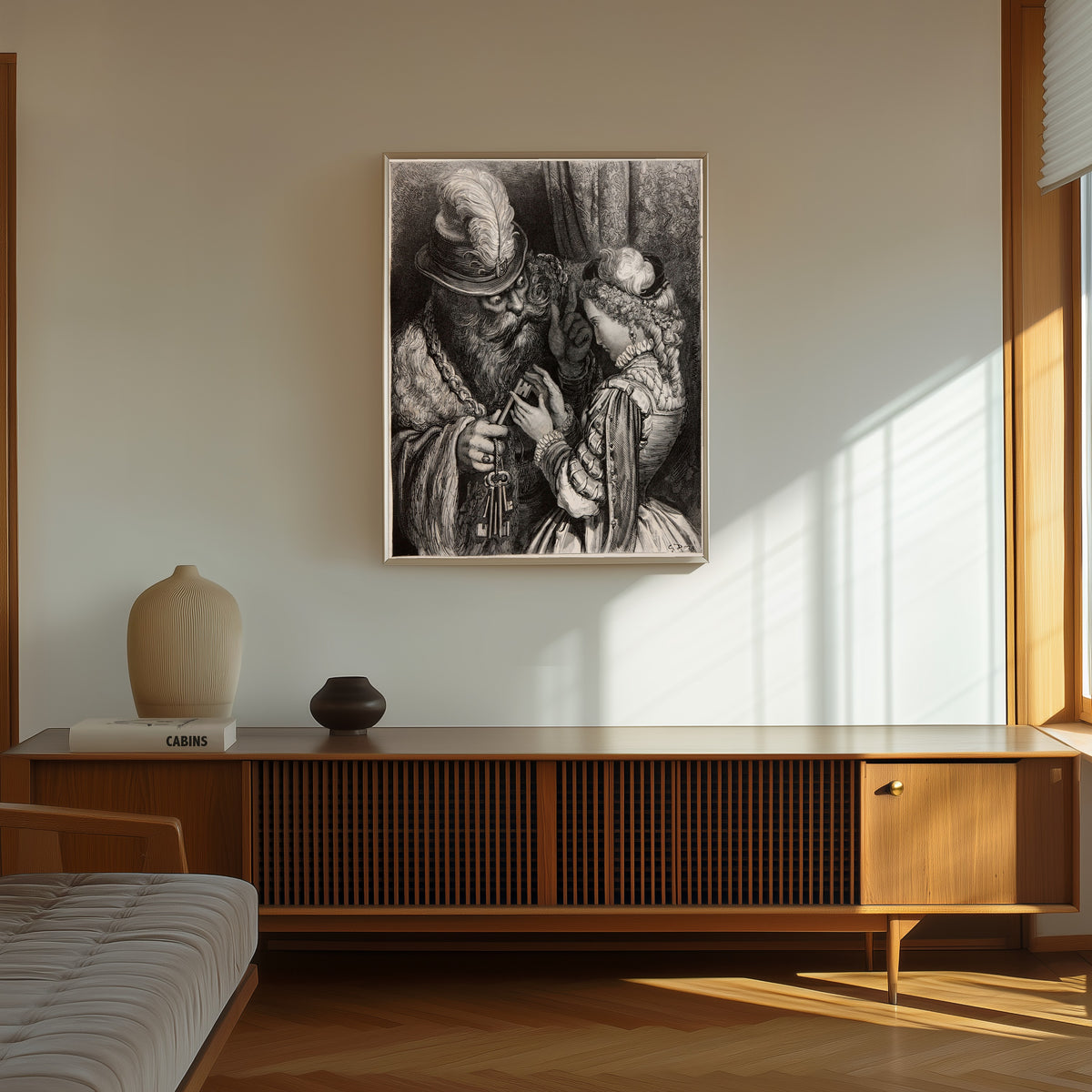 Framed art print of Bluebeard: The Keys by Gustave Doré, in a thin light frame on a sunlit wall above a wooden sideboard