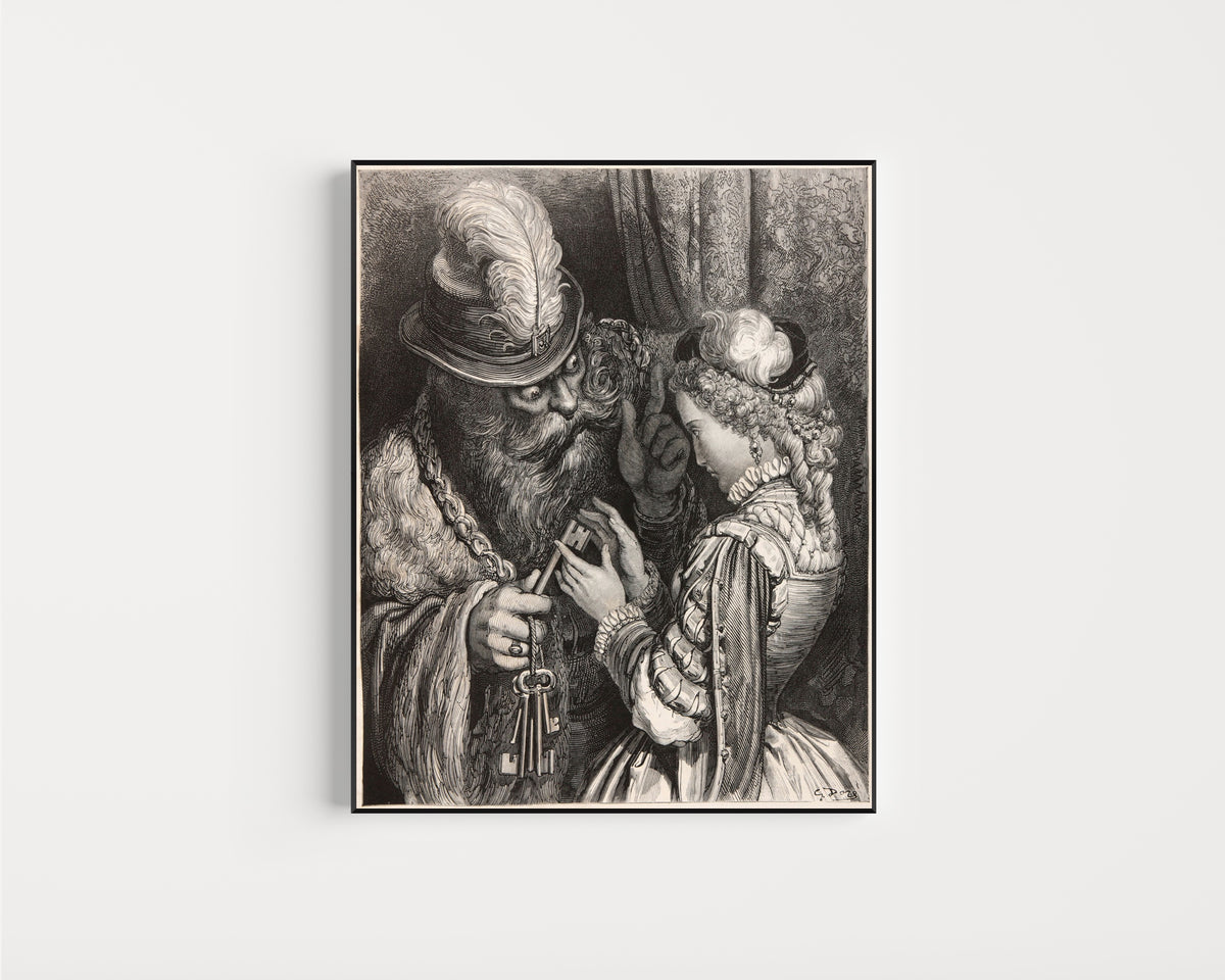 Framed art print of Bluebeard: The Keys by Gustave Doré, in a slim black frame on a plain white wall