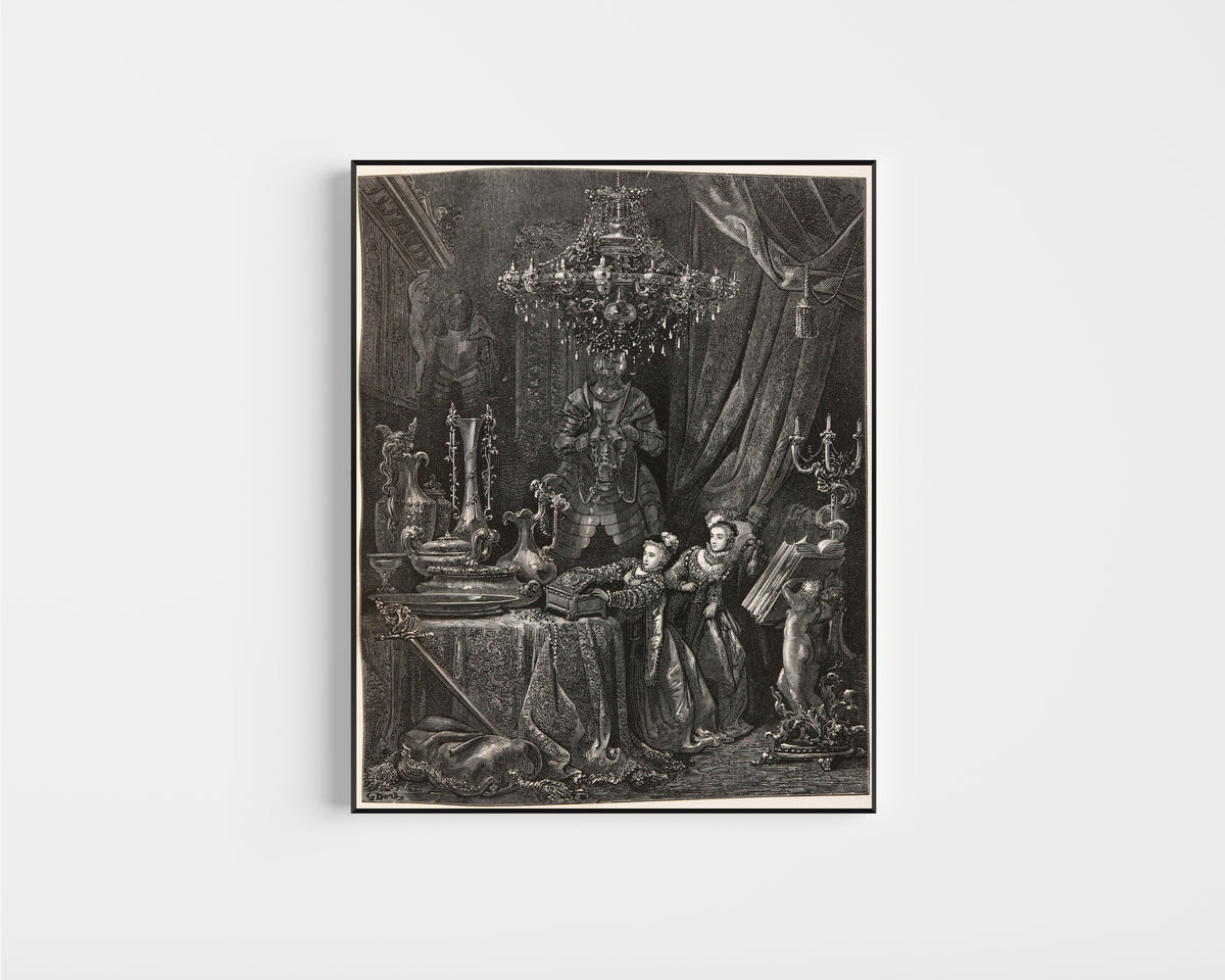Framed art print of Bluebeard: The Wife Shows Her Friends the Treasures by Gustave Doré, in a slim black frame on a plain white wall