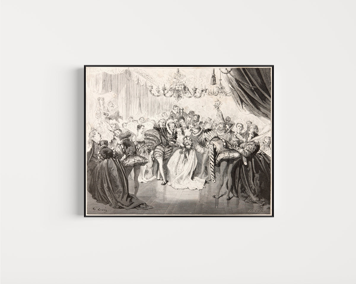 Framed art print of Cinderella: The Ball by Gustave Doré, in a slim black frame on a plain white wall