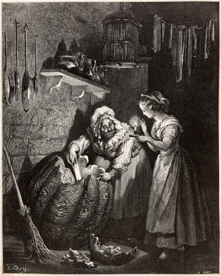 Gustave Doré — Cinderella: The Fairy Godmother | Fairy Tale Illustration Print shown to scale on a wall above a sofa