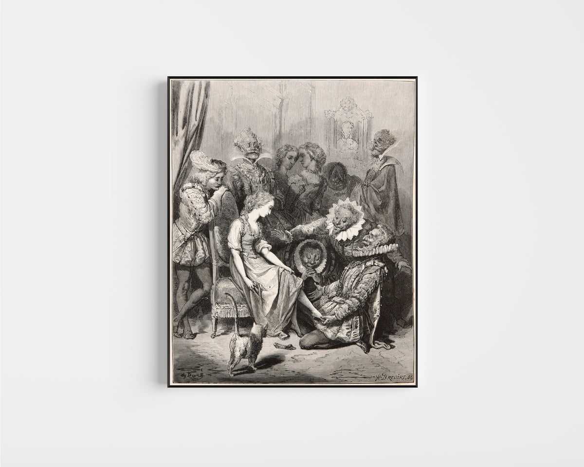 Framed art print of Cinderella: The Glass Slipper by Gustave Doré, in a slim black frame on a plain white wall